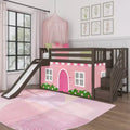 Letto a castello basso Twin su Twin con scale, scivolo facile e tenda in stile rustico rosa chiaro e bianca