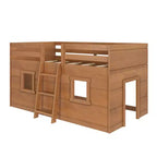 Letto a soppalco basso matrimoniale in stile rustico con 2 finestre