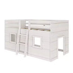 Letto a soppalco basso matrimoniale in stile rustico con 2 finestre