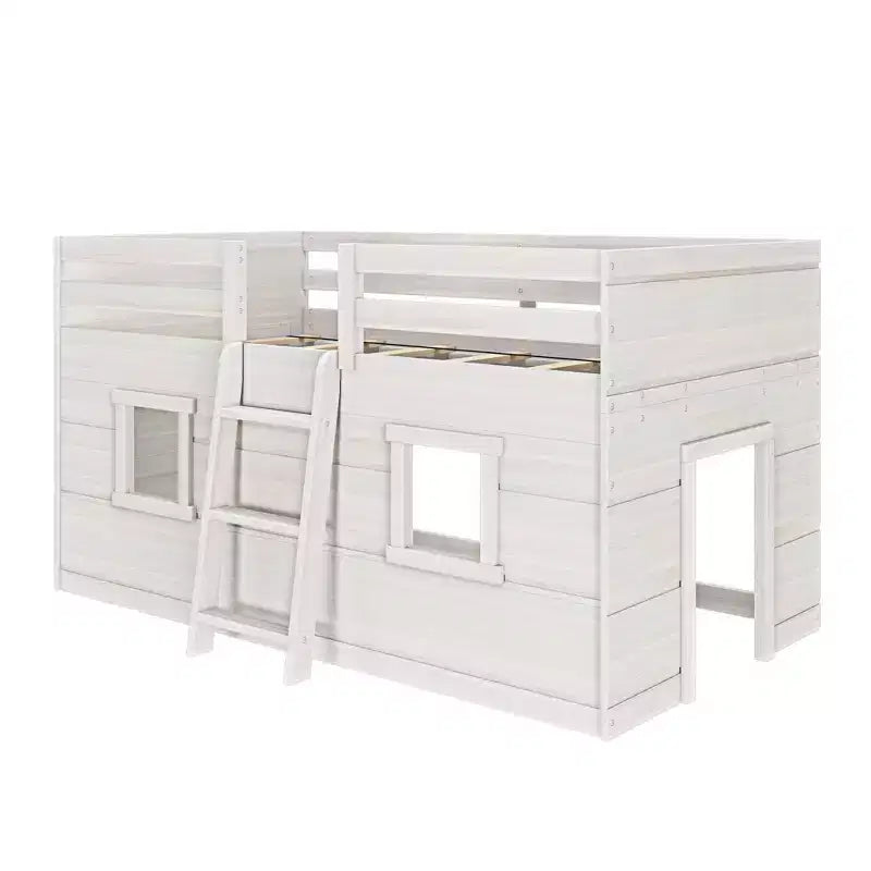 Letto a soppalco basso matrimoniale in stile rustico con 2 finestre