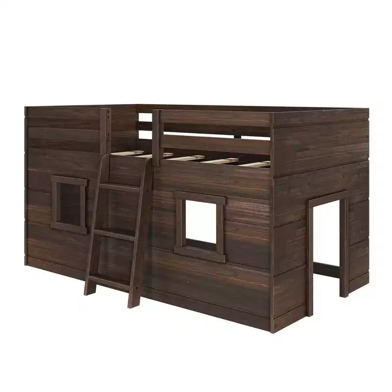 Letto a soppalco basso matrimoniale in stile rustico con 2 finestre