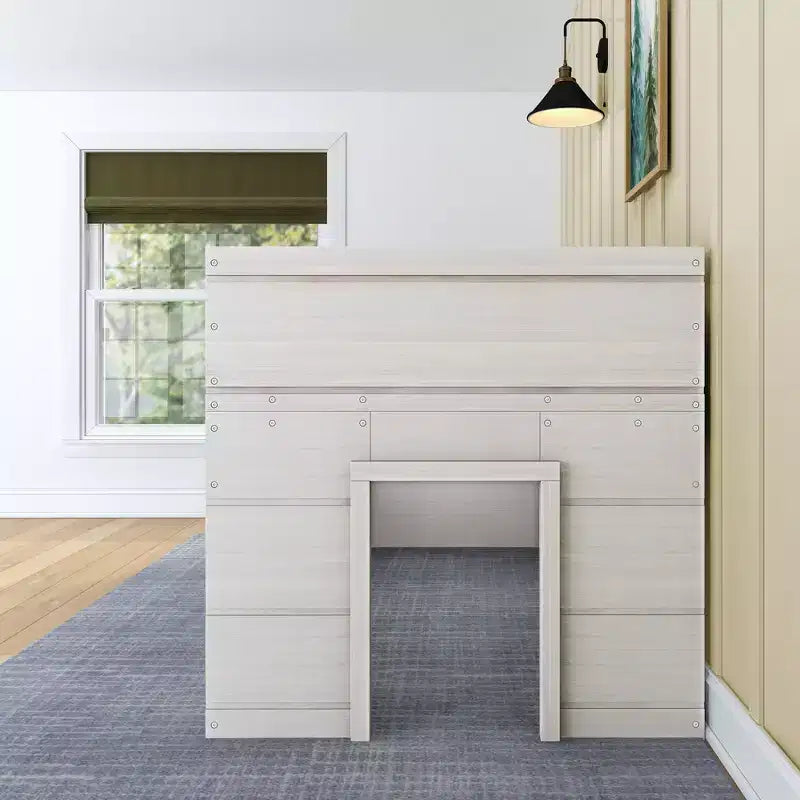 Letto a soppalco basso matrimoniale in stile rustico con 2 finestre