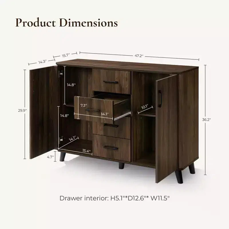 LuxenHome Credenza di design da 120 cm con Ante, Madia Contenitore Mid-Century per Soggiorno, Sala da Pranico, Ingresso, Noce Scuro