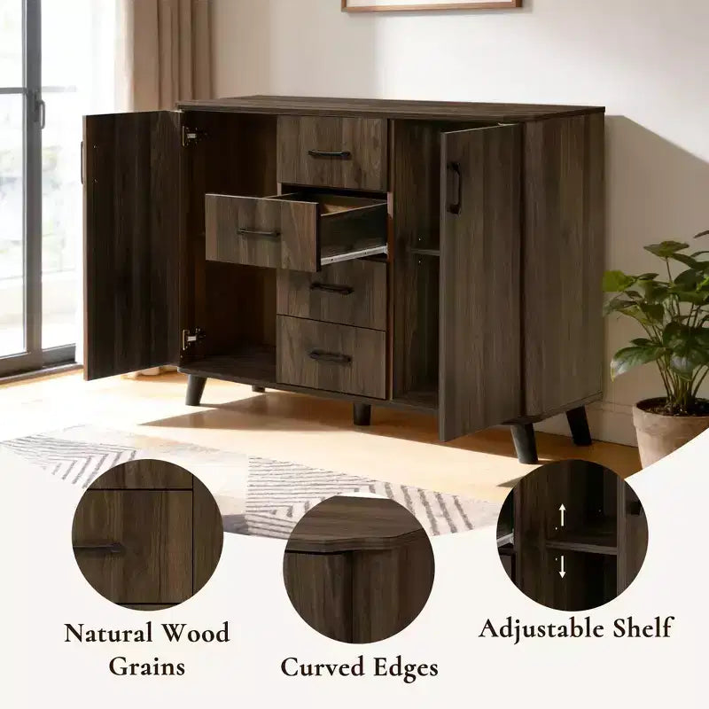 LuxenHome Credenza di design da 120 cm con Ante, Madia Contenitore Mid-Century per Soggiorno, Sala da Pranico, Ingresso, Noce Scuro