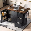 JVNOXK-54.5-inch Farmhouse-Style Kitchen Island with Power Outlet, Built-in Storage Shelves, and Black Wheeled Kitchen Cart