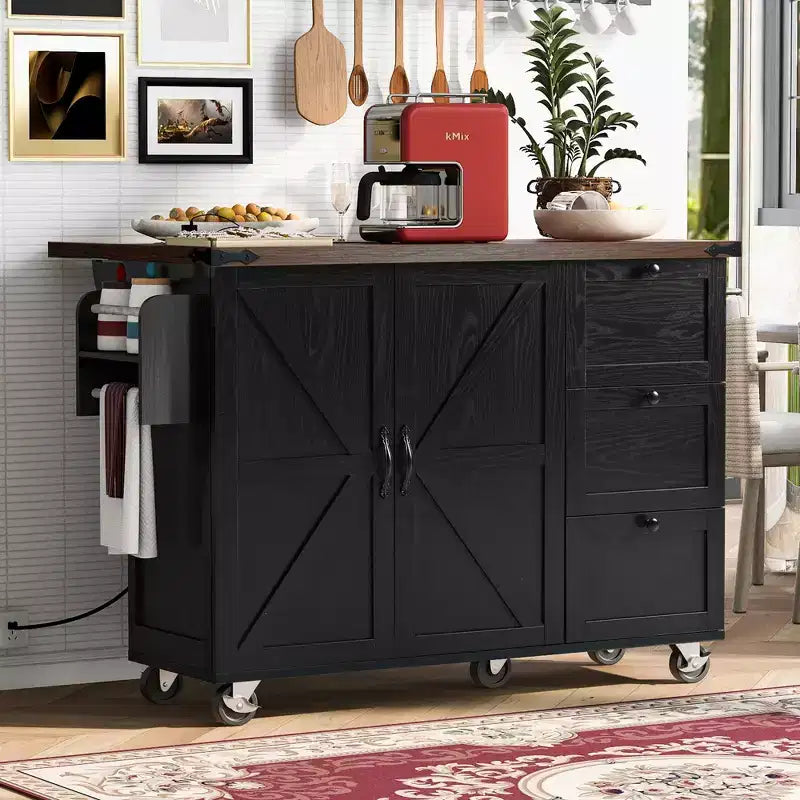JVNOXK-Isola da cucina in stile rustico da 54,5 pollici con presa elettrica, ripiani integrati e carrello da cucina nero con ruote
