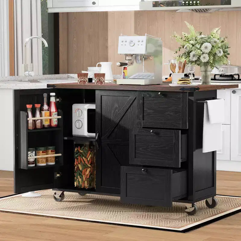 JVNOXK-Isola da cucina in stile rustico da 54,5 pollici con presa elettrica, ripiani integrati e carrello da cucina nero con ruote