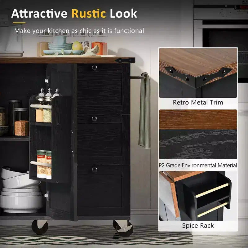 JVNOXK-Isola da cucina in stile rustico da 54,5 pollici con presa elettrica, ripiani integrati e carrello da cucina nero con ruote