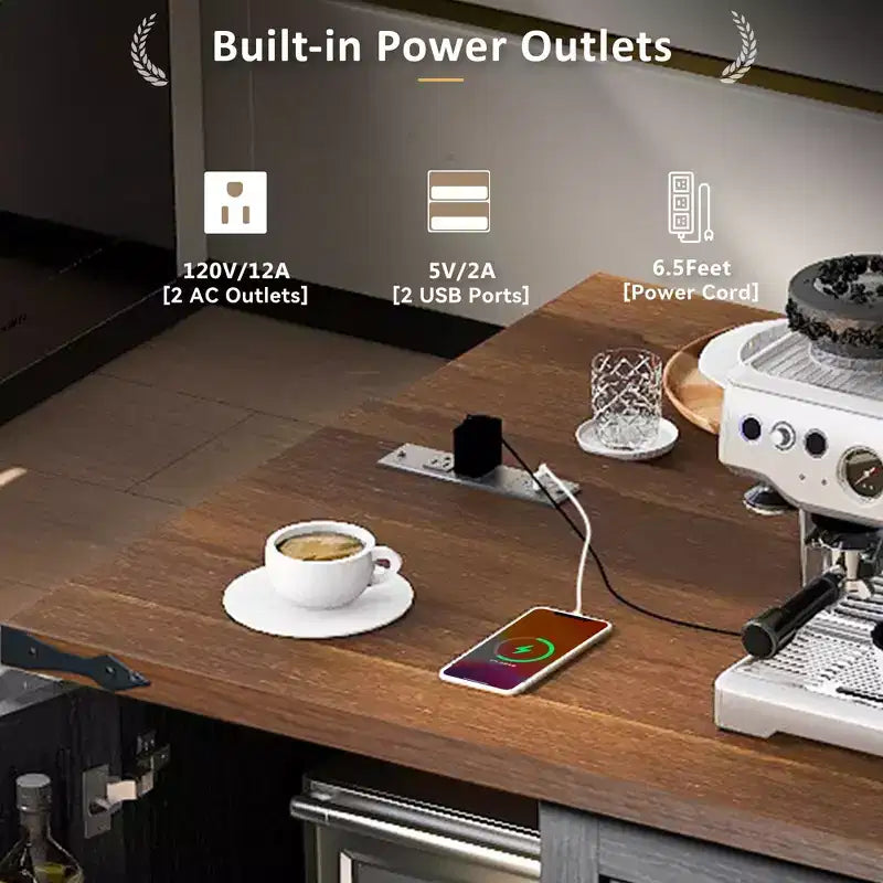 JVNOXK-Isola da cucina in stile rustico da 54,5 pollici con presa elettrica, ripiani integrati e carrello da cucina nero con ruote