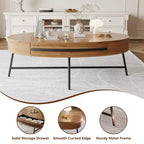 Tavolino ovale da caffè con cassetti, 120 cm di diametro, con contenitore e gambe in metallo a croce; design curvo unico, adatto per il salotto