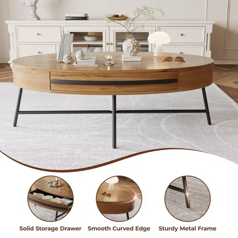 Tavolino ovale da caffè con cassetti, 120 cm di diametro, con contenitore e gambe in metallo a croce; design curvo unico, adatto per il salotto
