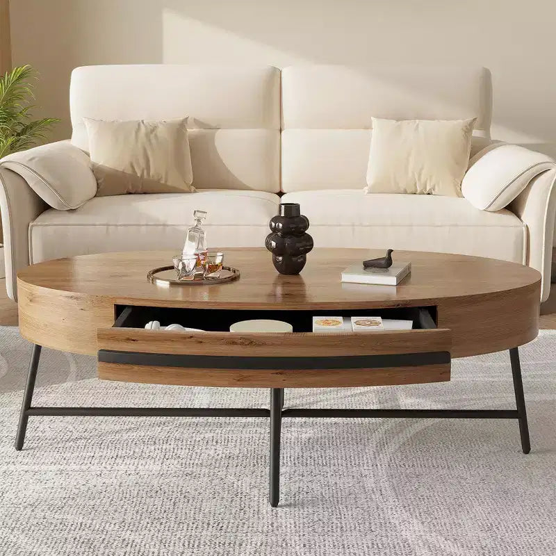 Tavolino ovale da caffè con cassetti, 120 cm di diametro, con contenitore e gambe in metallo a croce; design curvo unico, adatto per il salotto