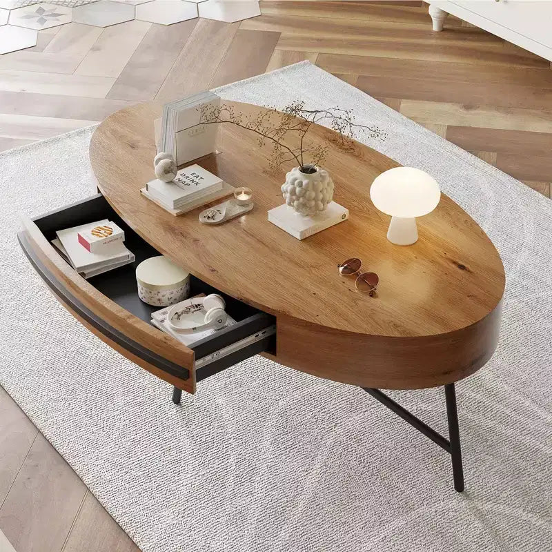 Tavolino ovale da caffè con cassetti, 120 cm di diametro, con contenitore e gambe in metallo a croce; design curvo unico, adatto per il salotto