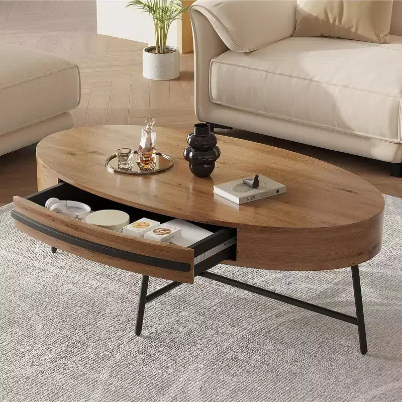 Tavolino ovale da caffè con cassetti, 120 cm di diametro, con contenitore e gambe in metallo a croce; design curvo unico, adatto per il salotto