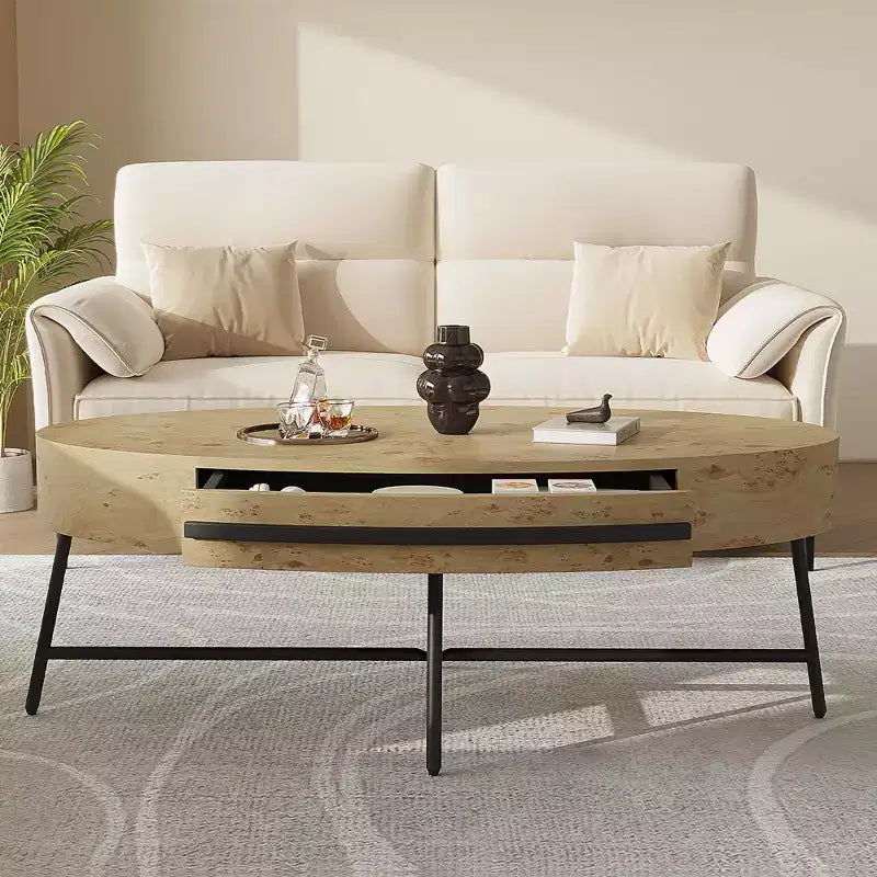 Tavolino ovale da caffè con cassetti, 120 cm di diametro, con contenitore e gambe in metallo a croce; design curvo unico, adatto per il salotto