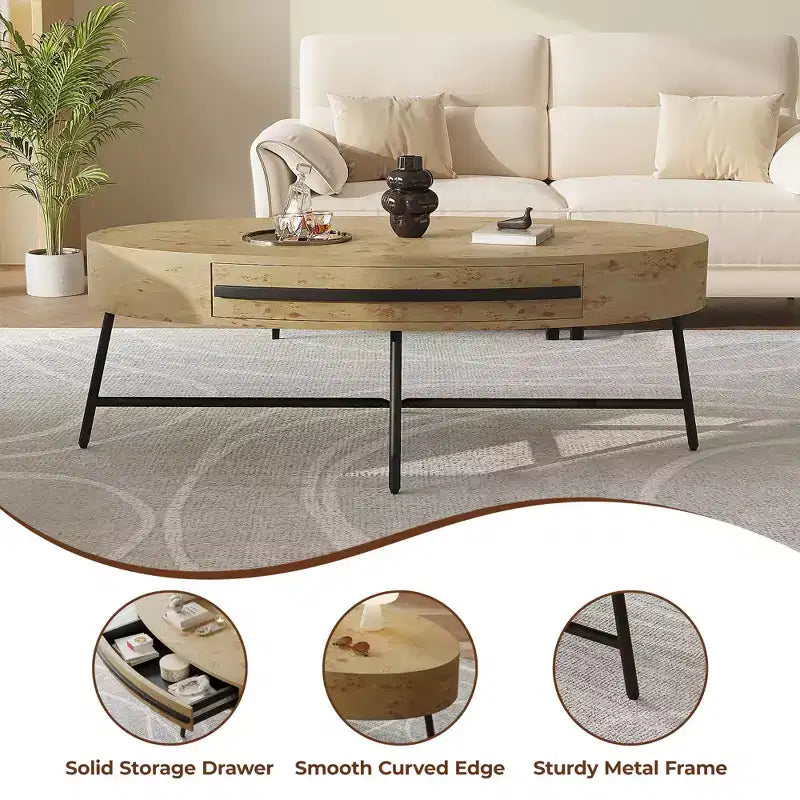 Tavolino ovale da caffè con cassetti, 120 cm di diametro, con contenitore e gambe in metallo a croce; design curvo unico, adatto per il salotto