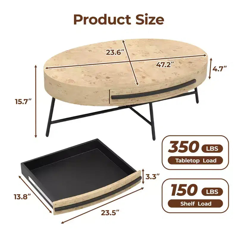 Tavolino ovale da caffè con cassetti, 120 cm di diametro, con contenitore e gambe in metallo a croce; design curvo unico, adatto per il salotto