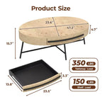 Tavolino ovale da caffè con cassetti, 120 cm di diametro, con contenitore e gambe in metallo a croce; design curvo unico, adatto per il salotto