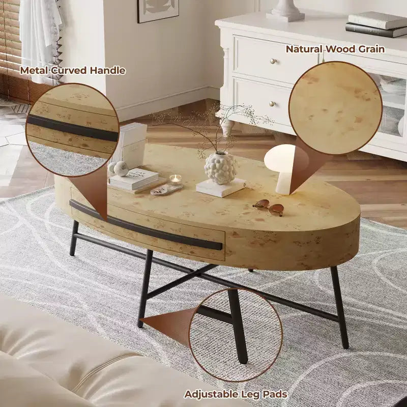 Tavolino ovale da caffè con cassetti, 120 cm di diametro, con contenitore e gambe in metallo a croce; design curvo unico, adatto per il salotto