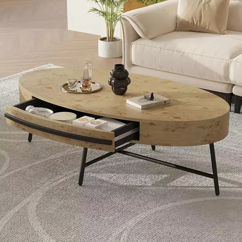 Tavolino ovale da caffè con cassetti, 120 cm di diametro, con contenitore e gambe in metallo a croce; design curvo unico, adatto per il salotto