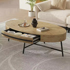 Tavolino ovale da caffè con cassetti, 120 cm di diametro, con contenitore e gambe in metallo a croce; design curvo unico, adatto per il salotto