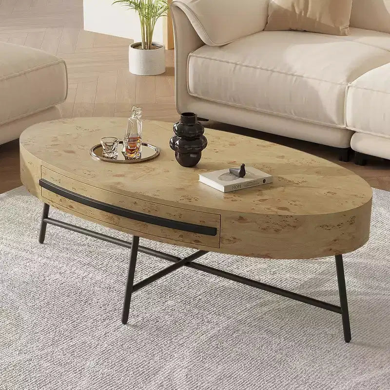 Tavolino ovale da caffè con cassetti, 120 cm di diametro, con contenitore e gambe in metallo a croce; design curvo unico, adatto per il salotto