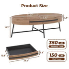 Tavolino ovale da caffè con cassetti, 120 cm di diametro, con contenitore e gambe in metallo a croce; design curvo unico, adatto per il salotto