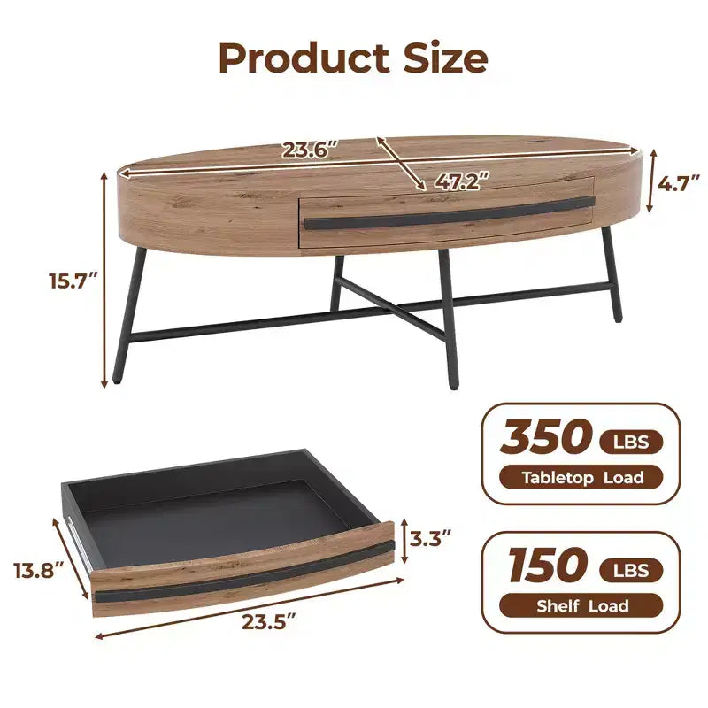 Tavolino ovale da caffè con cassetti, 120 cm di diametro, con contenitore e gambe in metallo a croce; design curvo unico, adatto per il salotto