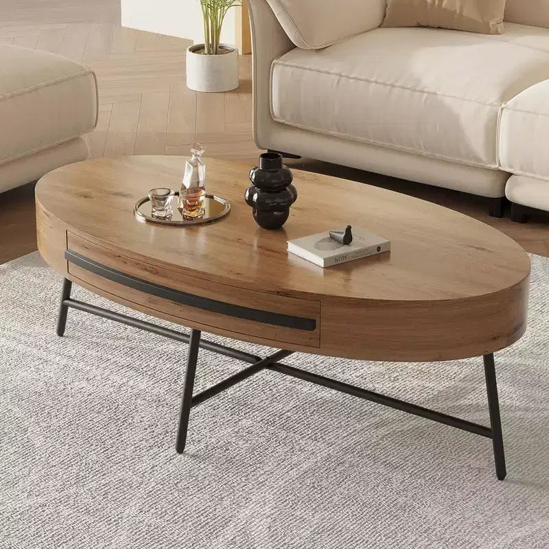 Tavolino ovale da caffè con cassetti, 120 cm di diametro, con contenitore e gambe in metallo a croce; design curvo unico, adatto per il salotto