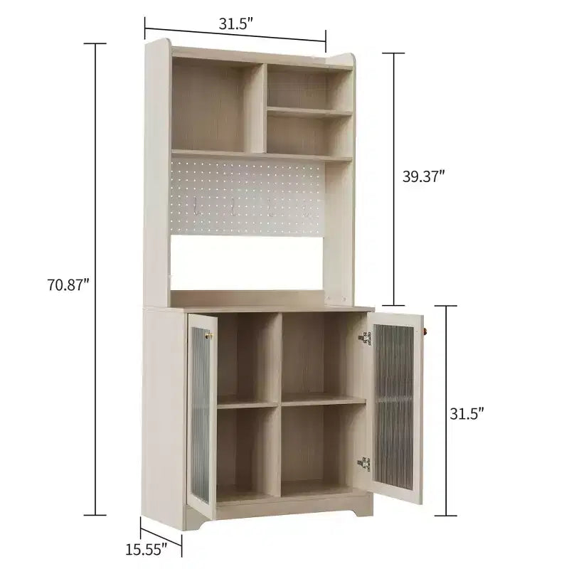 Pensile da 71 pollici con 2 ante in vetro, mobiletto indipendente per la cucina con ripiani aperti e regolabili, mobiletto da bar in stile rustico