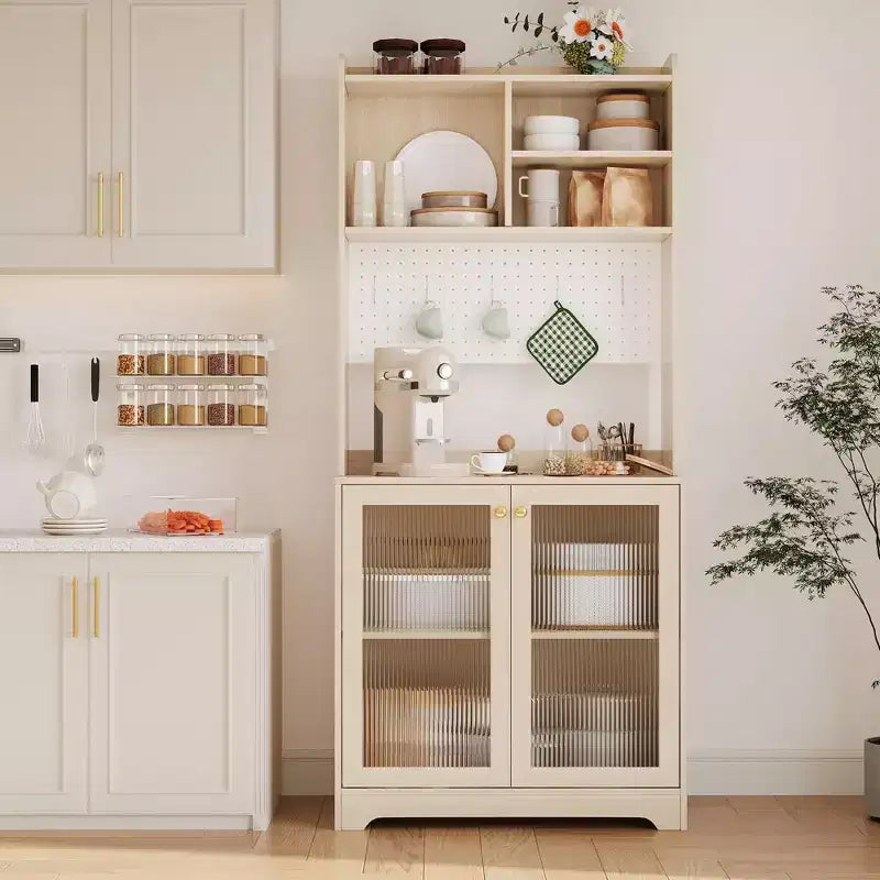 Pensile da 71 pollici con 2 ante in vetro, mobiletto indipendente per la cucina con ripiani aperti e regolabili, mobiletto da bar in stile rustico