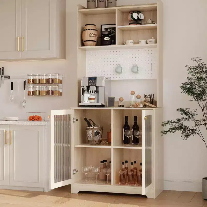 Pensile da 71 pollici con 2 ante in vetro, mobiletto indipendente per la cucina con ripiani aperti e regolabili, mobiletto da bar in stile rustico