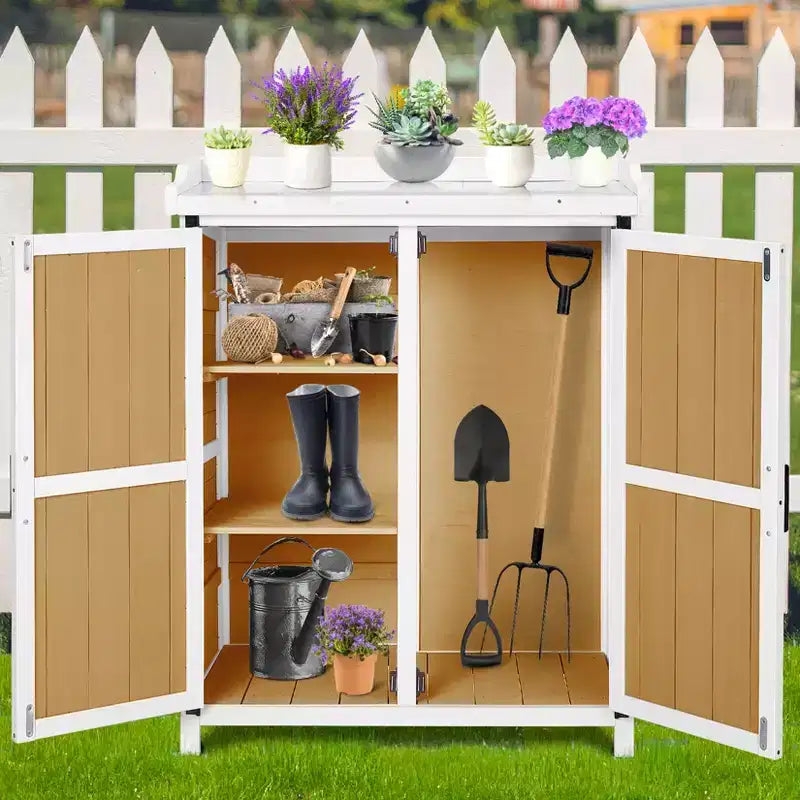 Mobiletto contenitore impermeabile, banco da lavoro da giardino in legno con 2 ripiani rimovibili, piano in metallo zincato, adatto per uso interno ed esterno.