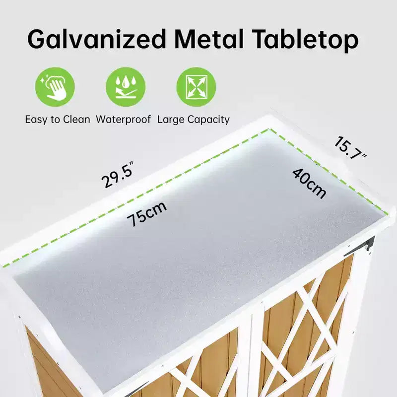 Mobiletto contenitore impermeabile, banco da lavoro da giardino in legno con 2 ripiani rimovibili, piano in metallo zincato, adatto per uso interno ed esterno.