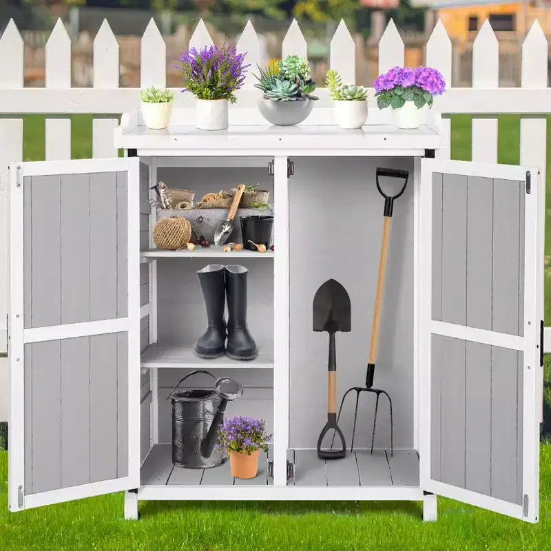 Mobiletto contenitore impermeabile, banco da lavoro da giardino in legno con 2 ripiani rimovibili, piano in metallo zincato, adatto per uso interno ed esterno.