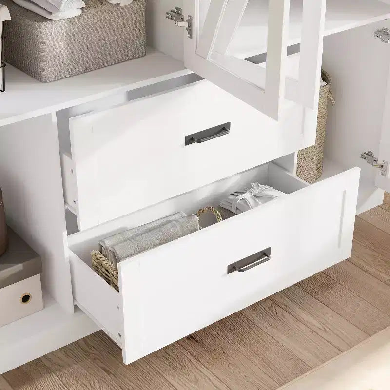 Armadio a 4 ante Famapy in stile rustico, bianco, con illuminazione a LED e cassetti contenitori