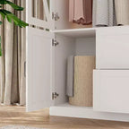 Armadio a 4 ante Famapy in stile rustico, bianco, con illuminazione a LED e cassetti contenitori