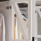 Armadio a 4 ante Famapy in stile rustico, bianco, con illuminazione a LED e cassetti contenitori