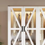 Armadio a 4 ante Famapy in stile rustico, bianco, con illuminazione a LED e cassetti contenitori