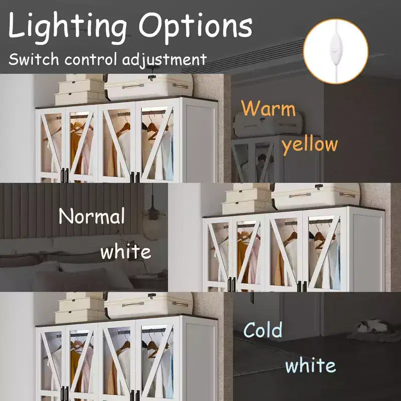 Armadio a 4 ante Famapy in stile rustico, bianco, con illuminazione a LED e cassetti contenitori
