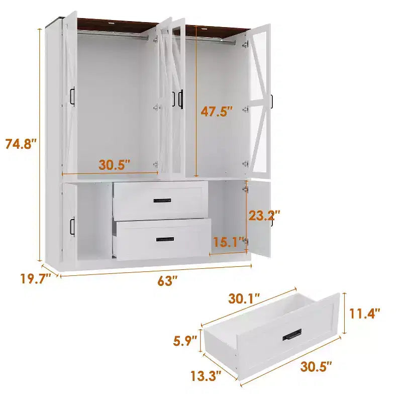 Armadio a 4 ante Famapy in stile rustico, bianco, con illuminazione a LED e cassetti contenitori