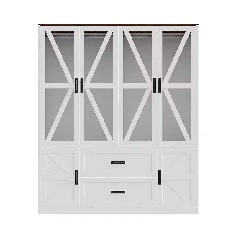 Armadio a 4 ante Famapy in stile rustico, bianco, con illuminazione a LED e cassetti contenitori