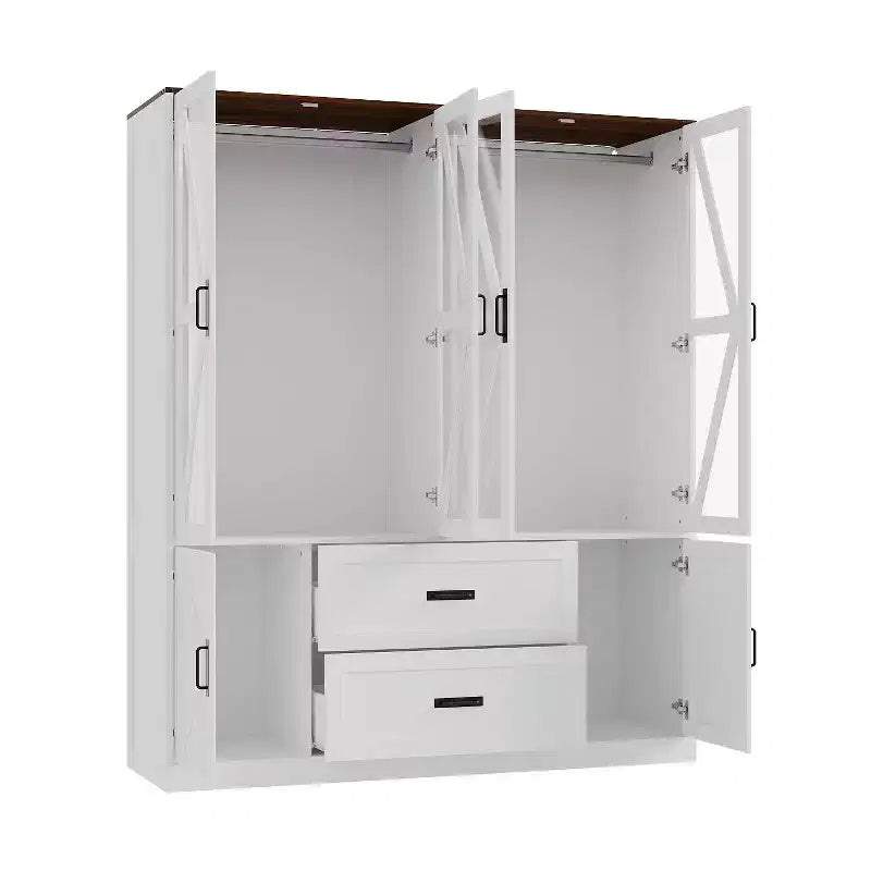 Armadio a 4 ante Famapy in stile rustico, bianco, con illuminazione a LED e cassetti contenitori