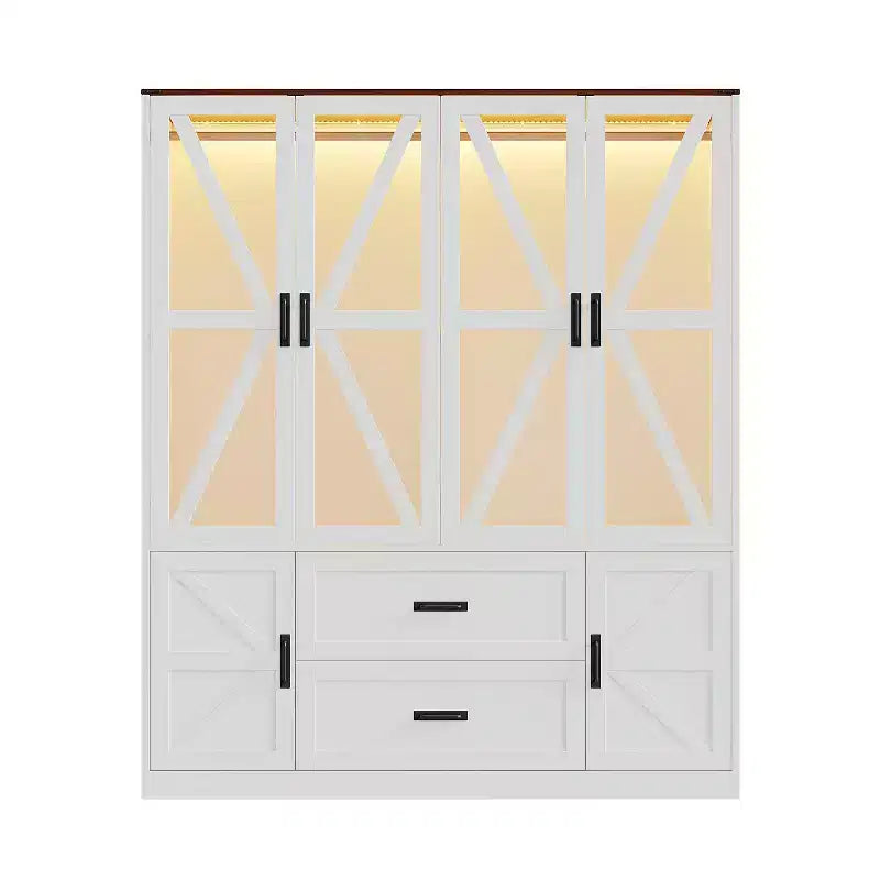 Armadio a 4 ante Famapy in stile rustico, bianco, con illuminazione a LED e cassetti contenitori