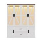 Armadio a 4 ante Famapy in stile rustico, bianco, con illuminazione a LED e cassetti contenitori