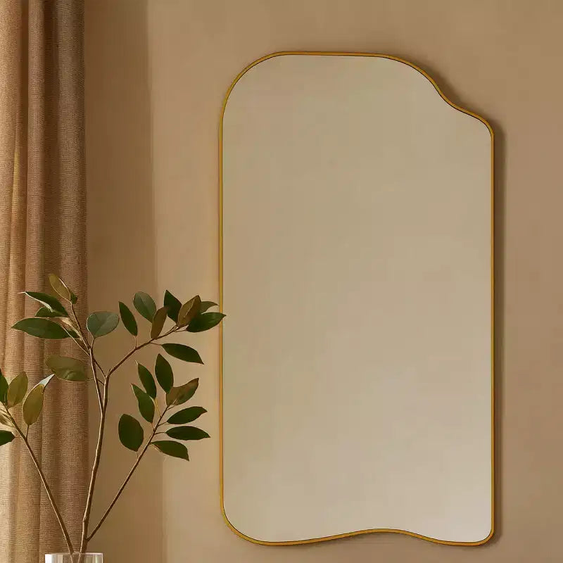 Specchio Ellara Gold Asimmetrico a Figura Intera con Cornice Dorata Irregolare Curva, 165 cm H x 89 cm Grande Specchio da Parete a Figura Intera per Camera da Letto, Soggiorno