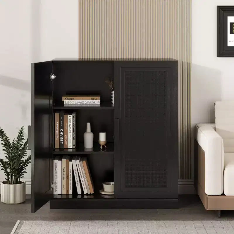 PexFix 36 Credenza modulare con ante in rattan, mobile buffet in stile moderno rustico con ante in rattan per soggiorno, cucina, sala da pranzo, ingresso, nero