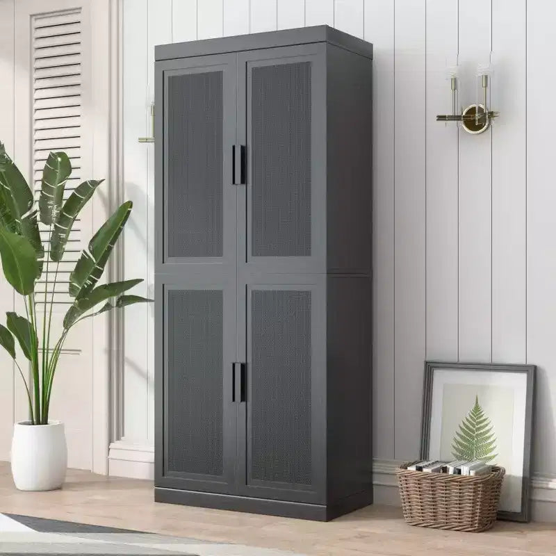 PexFix 36 Credenza modulare con ante in rattan, mobile buffet in stile moderno rustico con ante in rattan per soggiorno, cucina, sala da pranzo, ingresso, nero