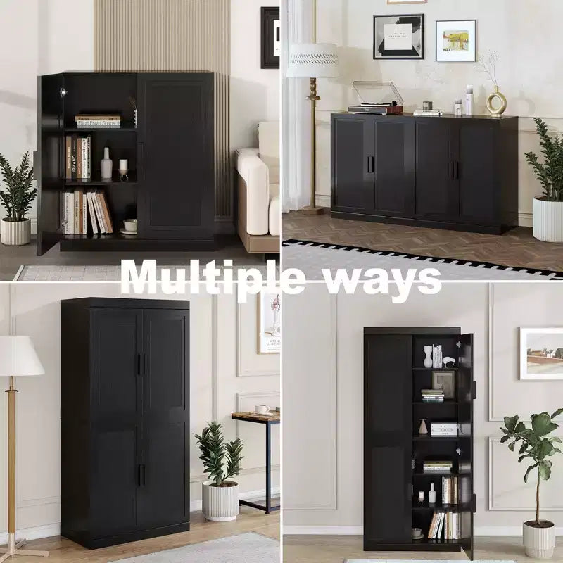 PexFix 36 Credenza modulare con ante in rattan, mobile buffet in stile moderno rustico con ante in rattan per soggiorno, cucina, sala da pranzo, ingresso, nero