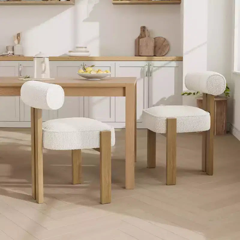 Sedie moderne da sala da pranzo in tessuto Bouclé, set da 2, sedie da pranzo imbottite con gambe in legno di caucciù e schienale ergonomico curvo per sala da pranzo o soggiorno